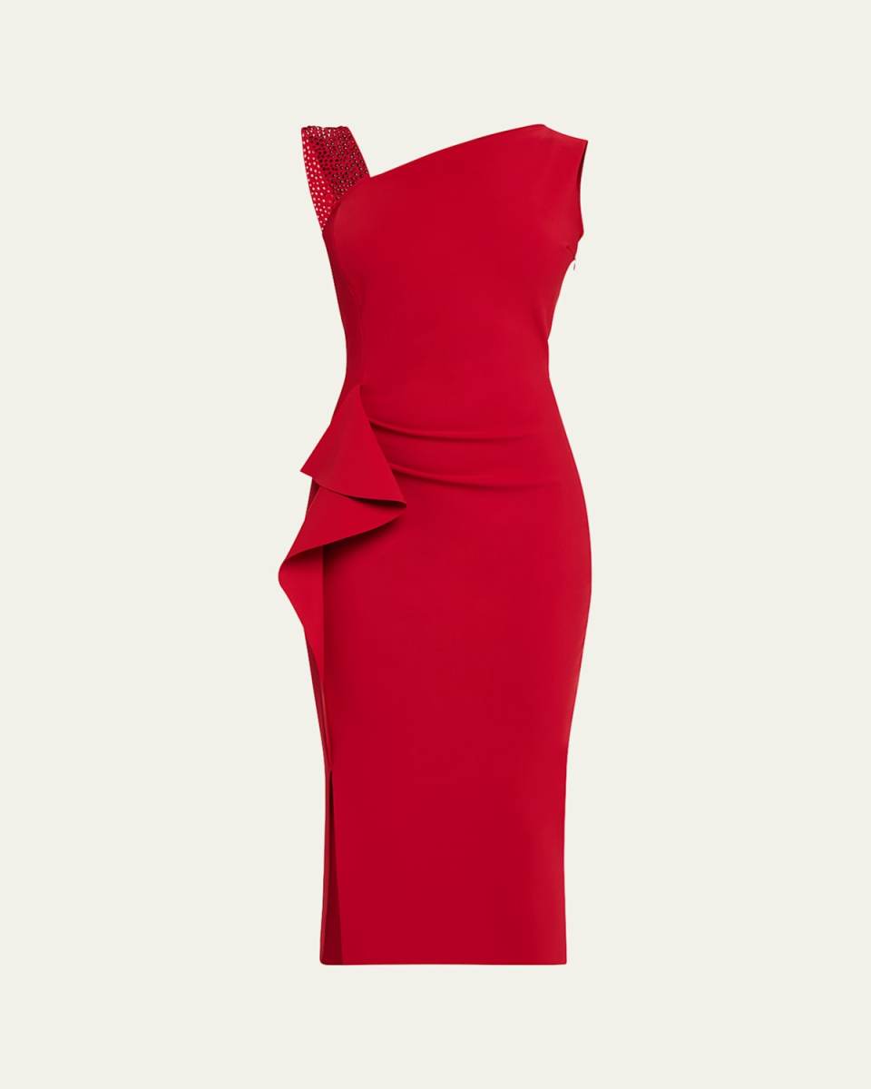 Asymmetric Rhinestone-Strap Bodycon Midi Dress